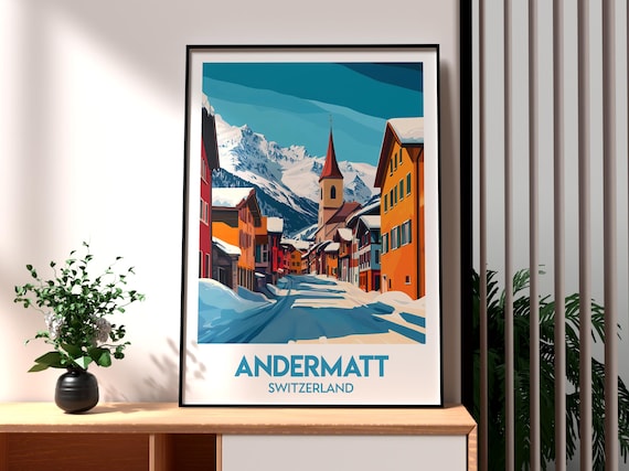 Andermatt Switzerland Snowy Alpine Village Church Winter Travel Poster