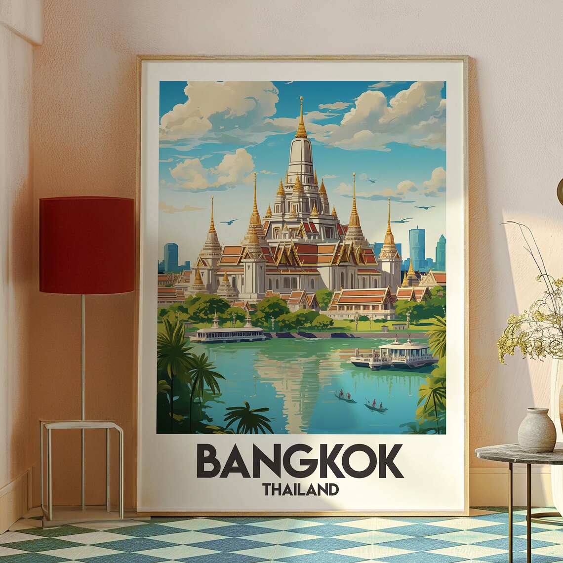 Bangkok Thailand Golden Temple Riverside Boats Vintage Travel Poster - Image 2