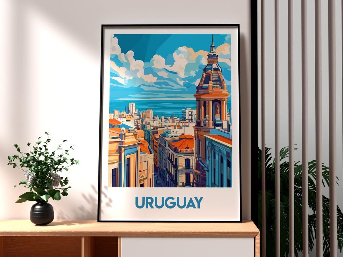 Uruguay Montevideo Waterfront Tower City View Vintage Travel Poster