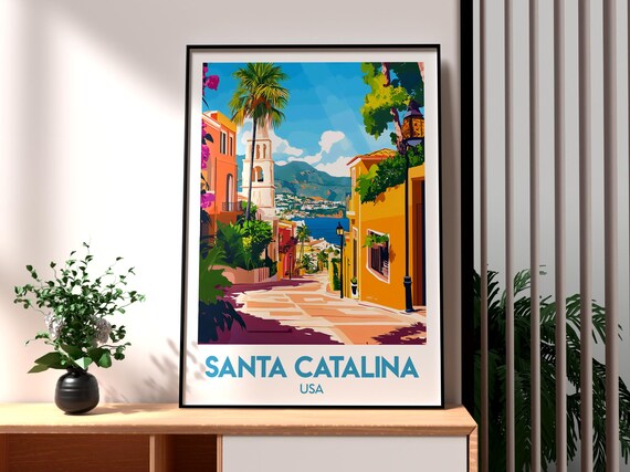 Santa Catalina USA Colorful Street Bell Tower Sea View Art Poster