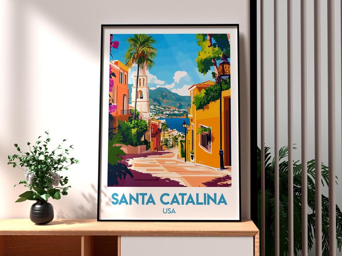 Santa Catalina USA Colorful Street Bell Tower Sea View Art Poster