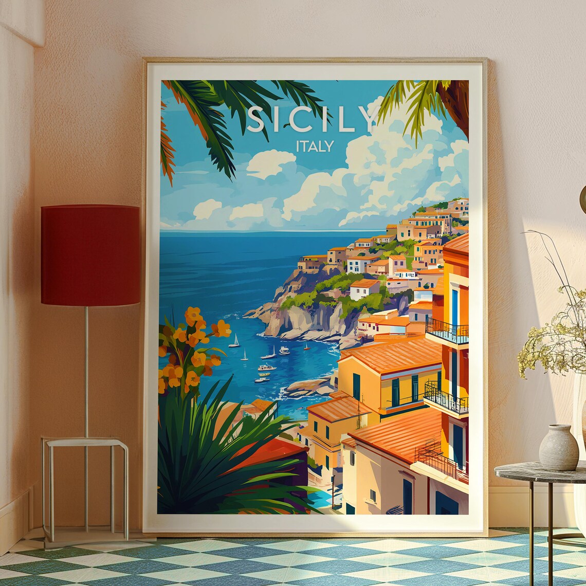 Sicily Italy Coastal Village Cliff Sea View Vintage Travel Poster - Image 2