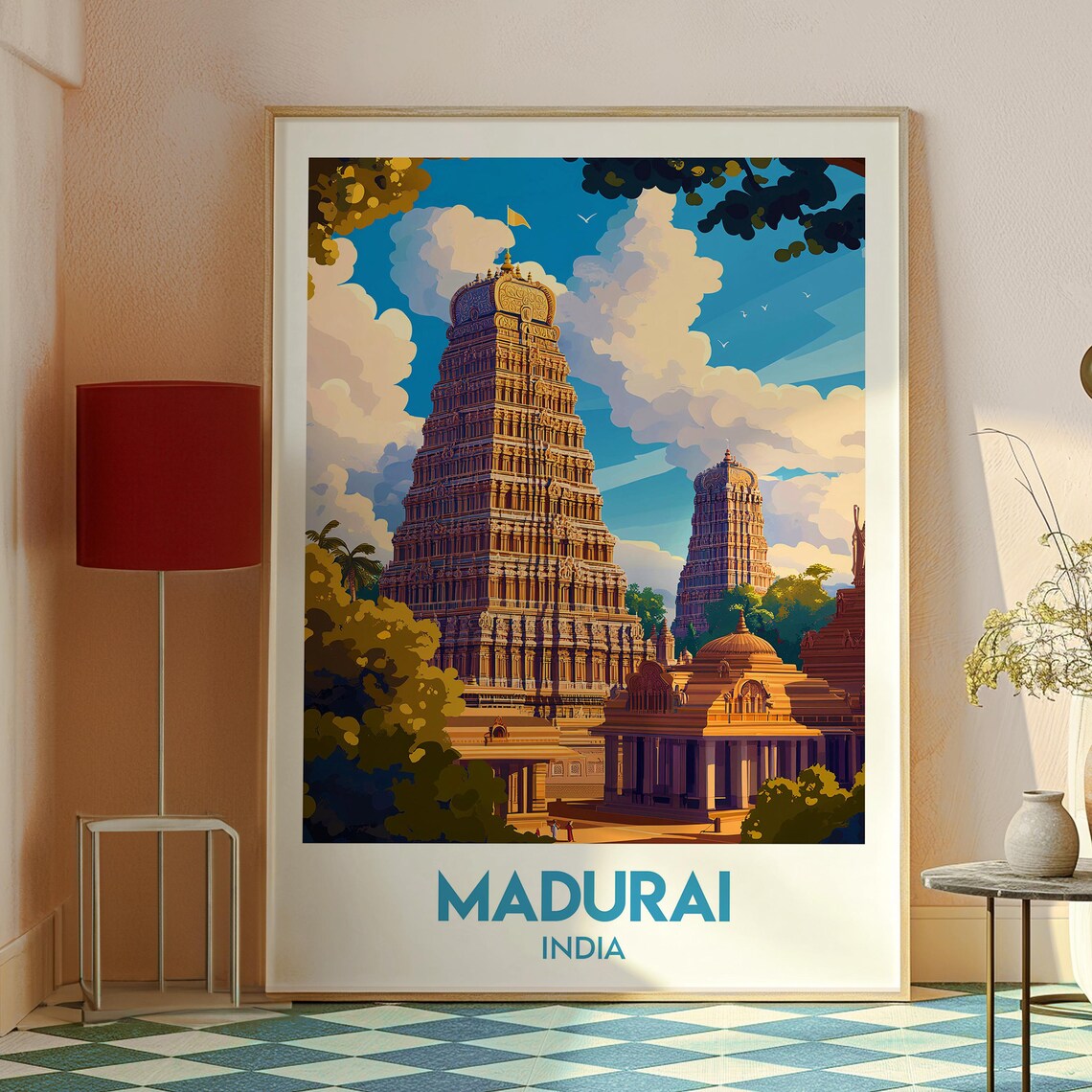 Madurai India Golden Temple Towers Retro Illustrated Travel Poster - Image 2