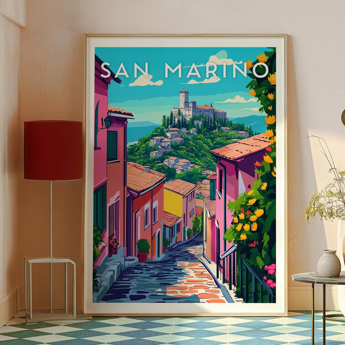 San Marino Hilltop Castle Cobbled Old Town Street Scene Poster - Image 2