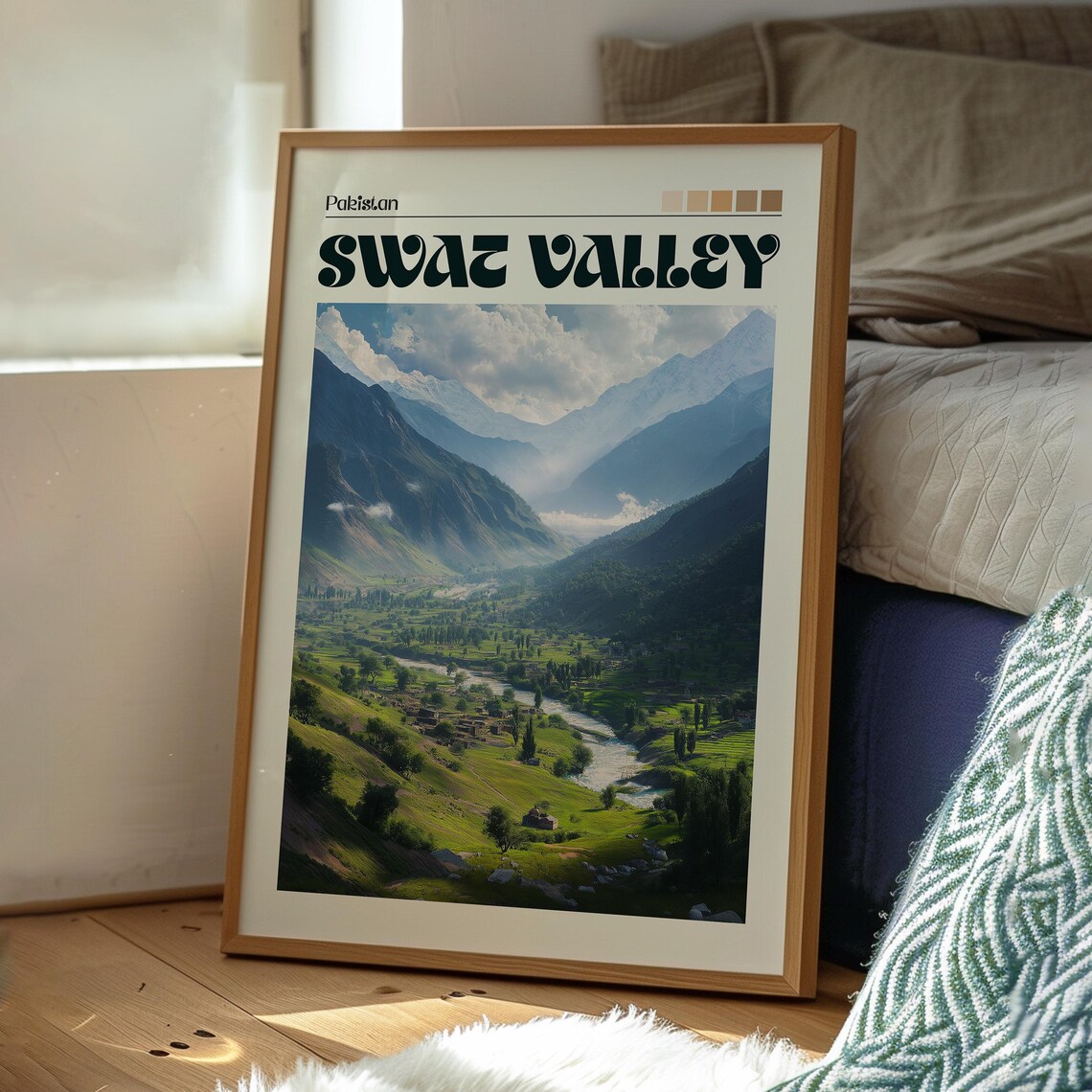 Swat Valley Pakistan Lush Green Valley River Snowy Peaks Travel Poster - Image 3