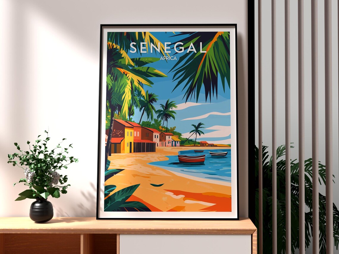 Senegal Africa Tropical Beach Village Palm Retro Travel Poster