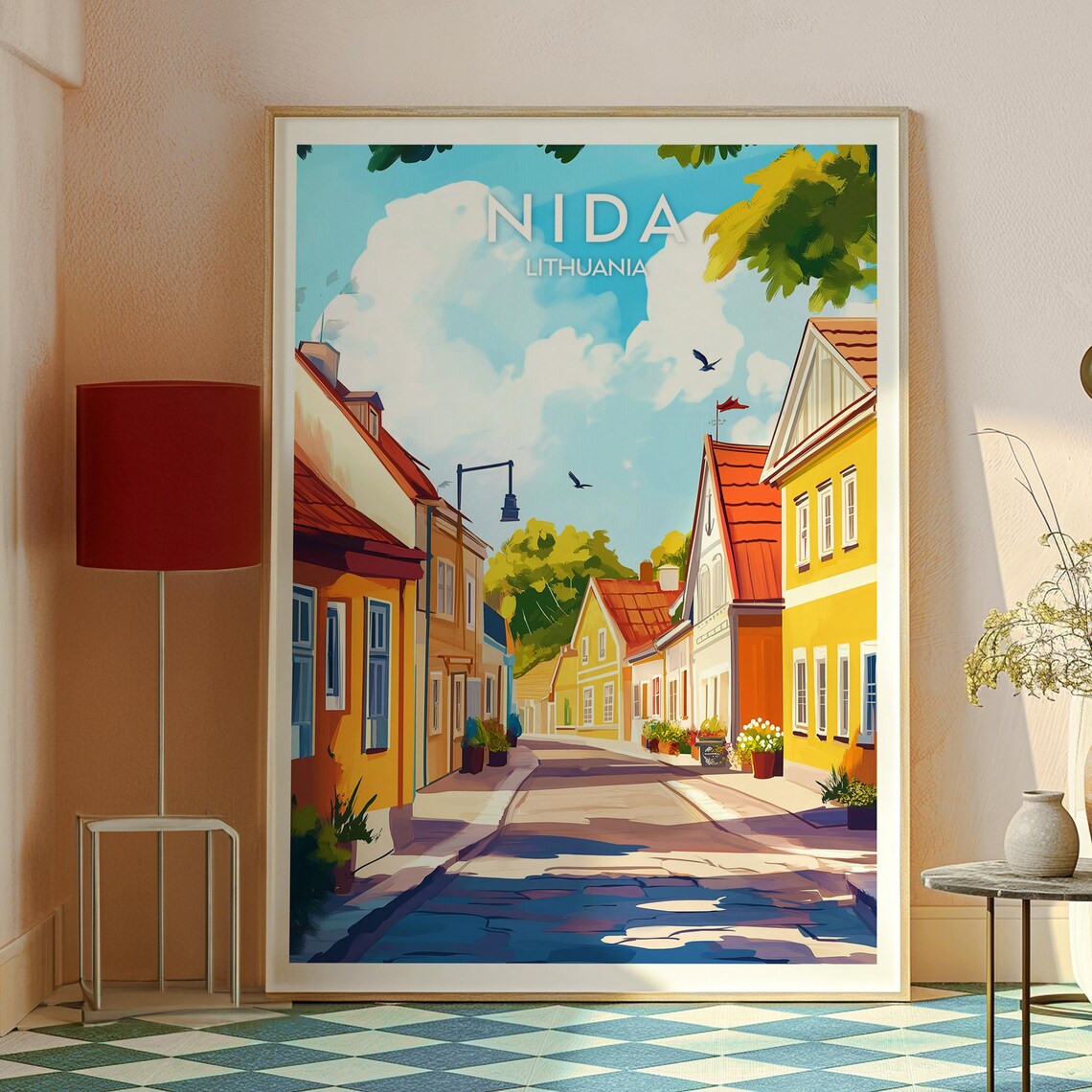 Nida Lithuania Colorful Old Street Sunny Houses Europe Travel Poster - Image 2