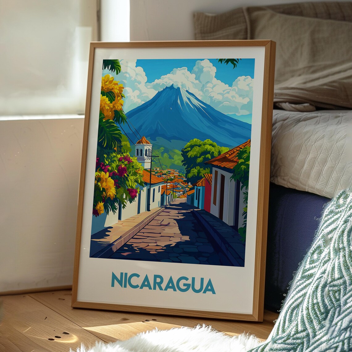 Nicaragua Volcano Cobblestone Street Colonial Town Travel Poster - Image 3