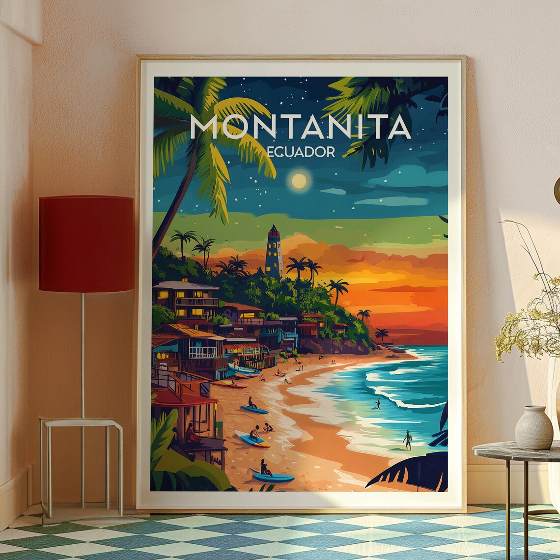 Montanita Ecuador Starry Night Surf Beach Palm Town Travel Poster - Image 2