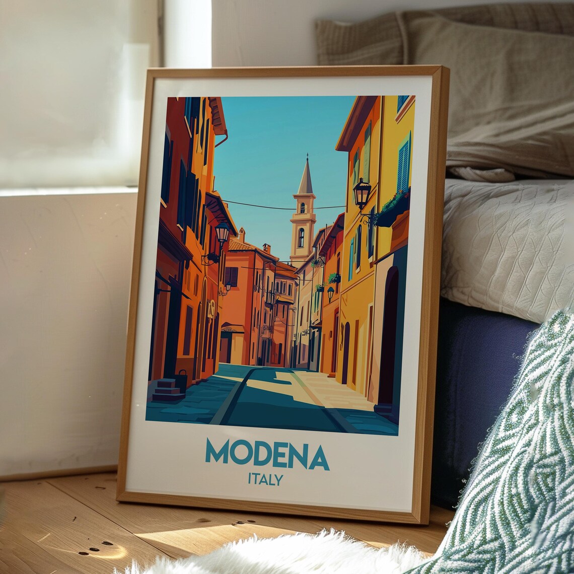 Modena Italy Sunlit Historic Old Street Bell Tower Scene Poster - Image 3