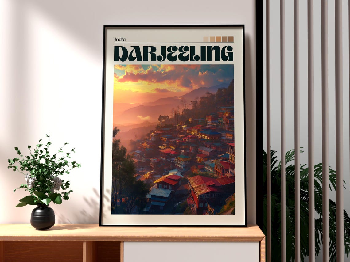 Darjeeling India Himalayan Hillside Town Sunset Glow Travel Poster