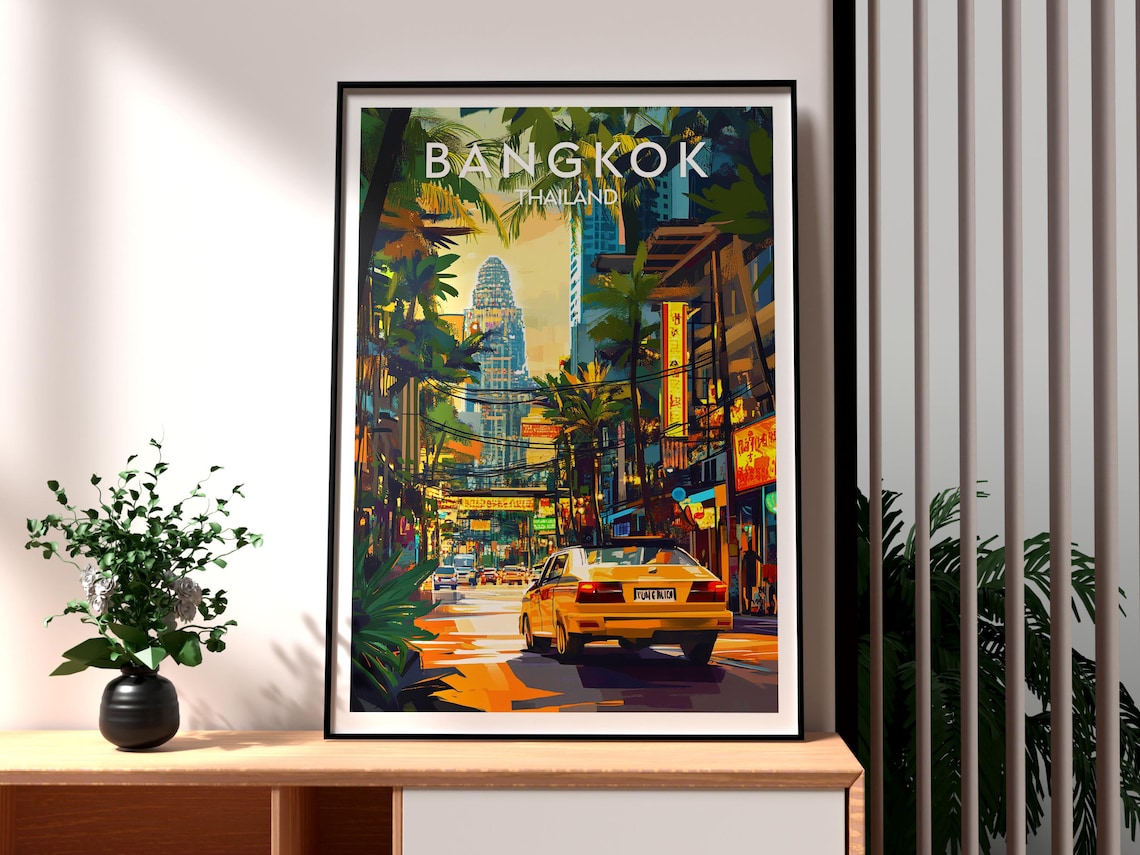 Bangkok Thailand Yellow Taxi Palm Lined Street Sunset Glow Travel Poster