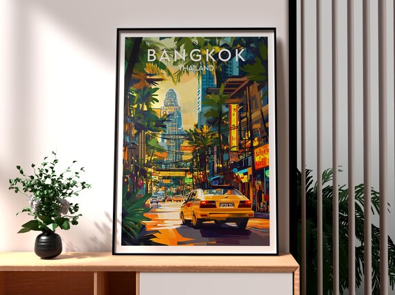 Bangkok Thailand Yellow Taxi Palm Lined Street Sunset Glow Travel Poster