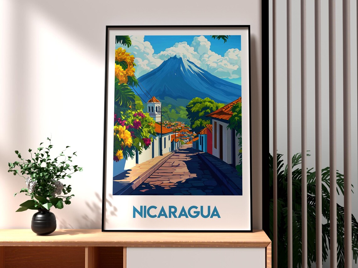 Nicaragua Volcano Cobblestone Street Colonial Town Travel Poster