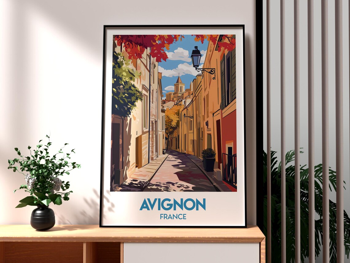 Avignon France Autumn Old Town Lane Church Tower Travel Poster