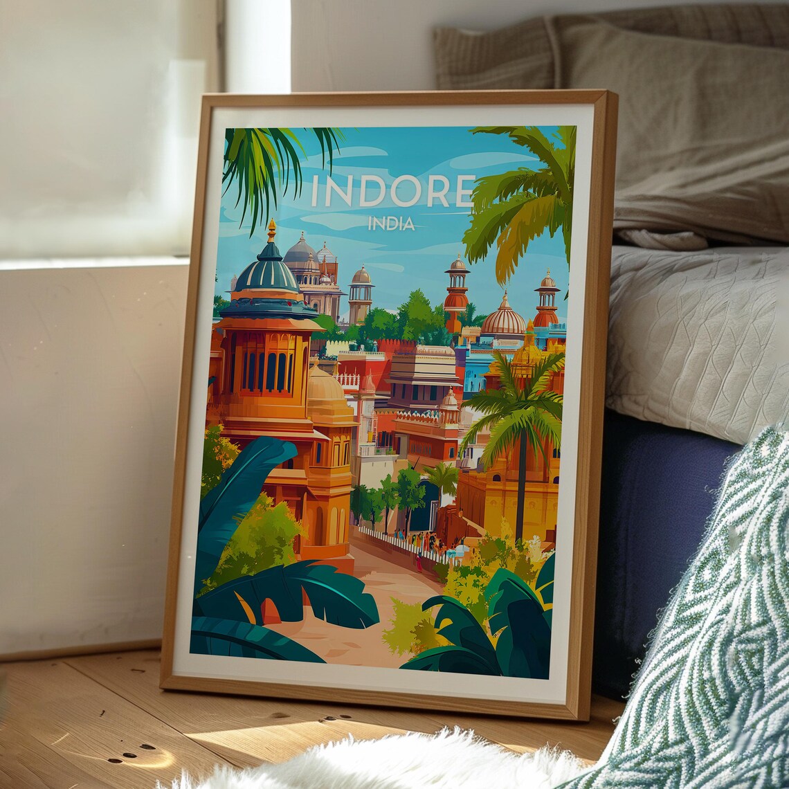 Indore India Palace Domes and Palm Trees Skyline Travel Poster - Image 3