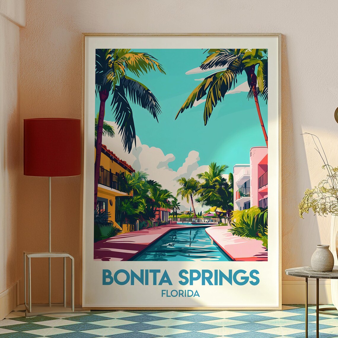 Bonita Springs Florida Resort Pool Palms Vintage Style Travel Poster - Image 2