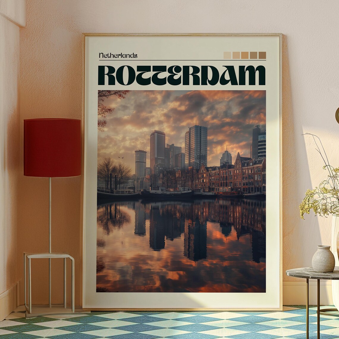 Rotterdam Netherlands Harbor Skyline Reflection Retro Travel Poster - Image 2