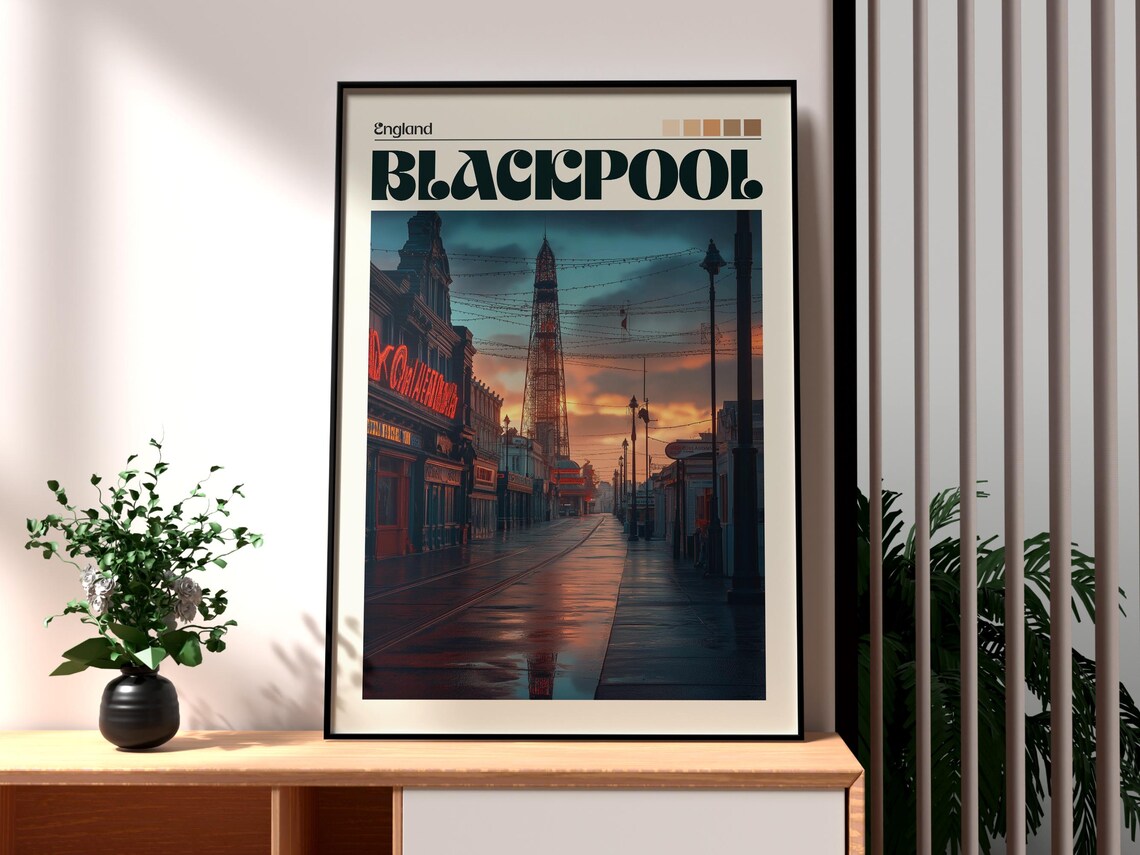 Blackpool England Tower and Promenade at Dusk Scene Travel Poster