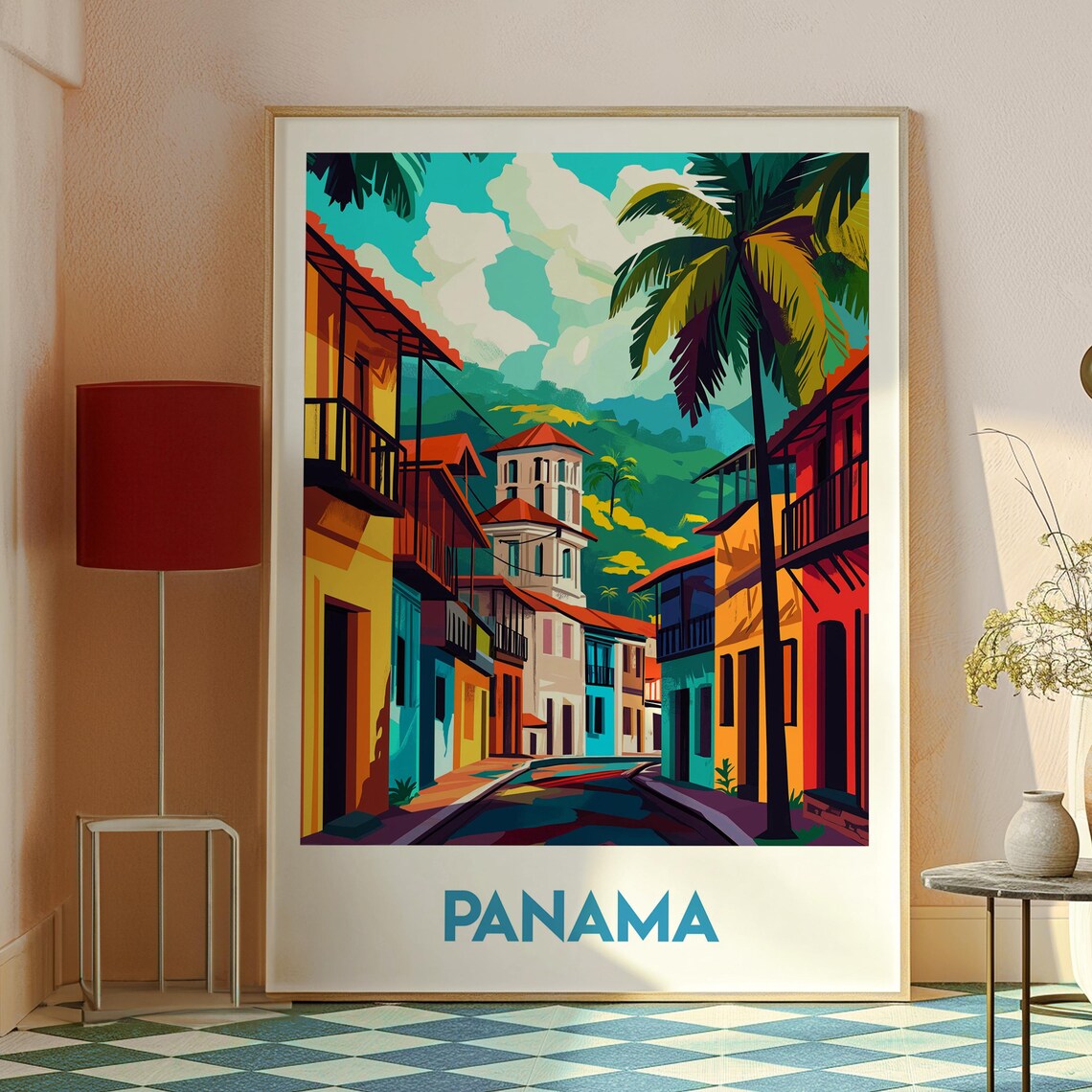 Panama Colorful Old Town Street Church Tower Tropical Travel Poster - Image 2