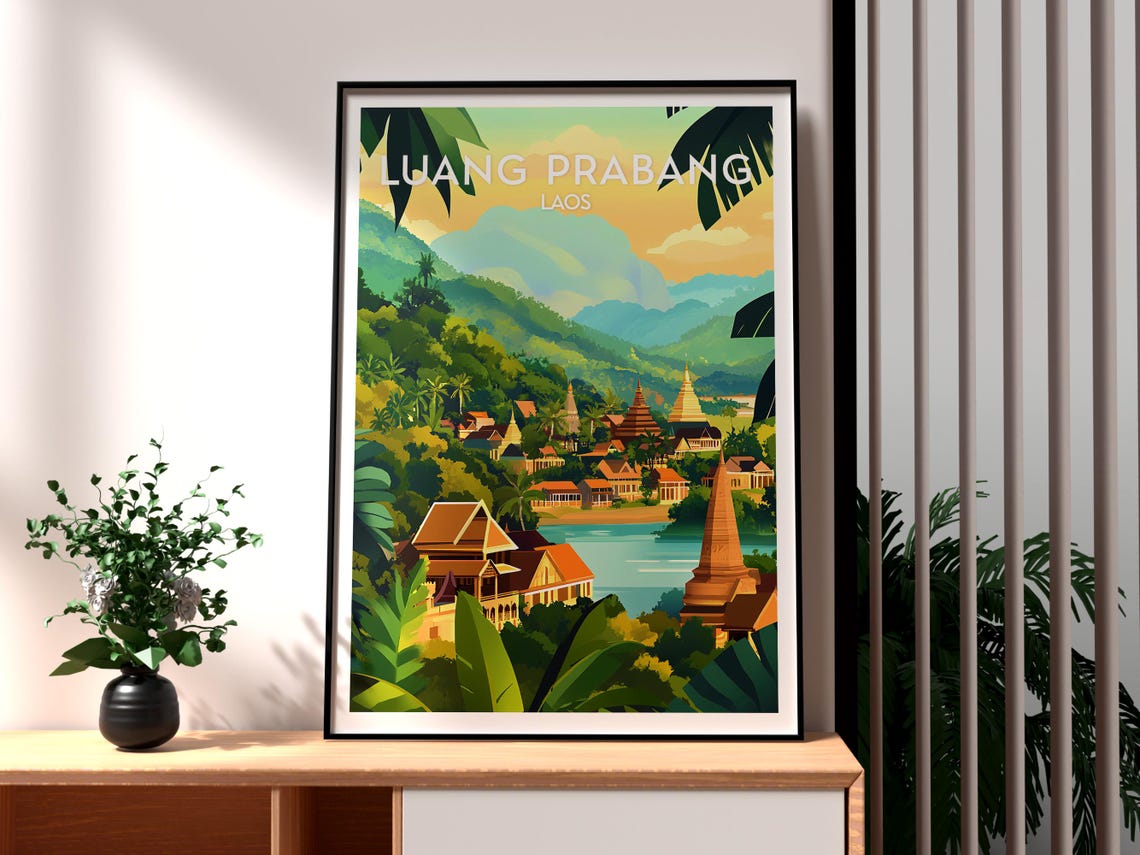 Luang Prabang Laos Golden Temples River Jungle Hills Travel Poster