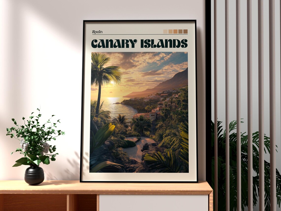 Canary Islands Spain Sunset Coast Palm Trees Holiday Travel Poster