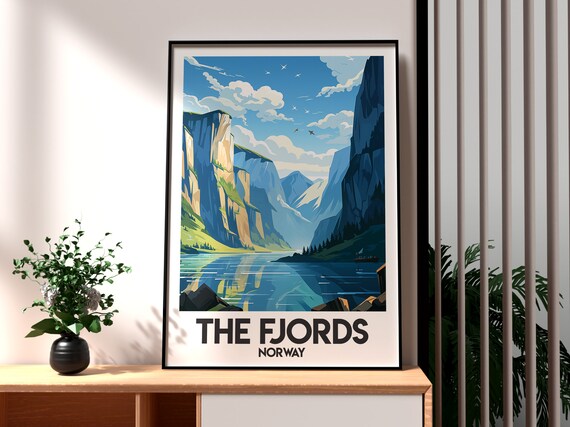 The Fjords Norway Vintage Travel Retro Blue Cliffs Scenic Poster