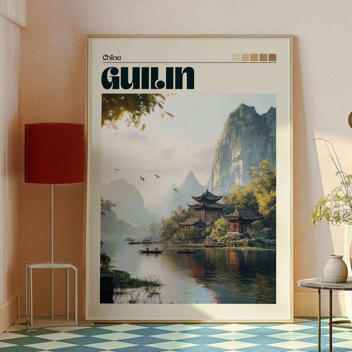 Guilin China Misty Karst Mountains River Boats Pagoda Travel Poster - Image 2