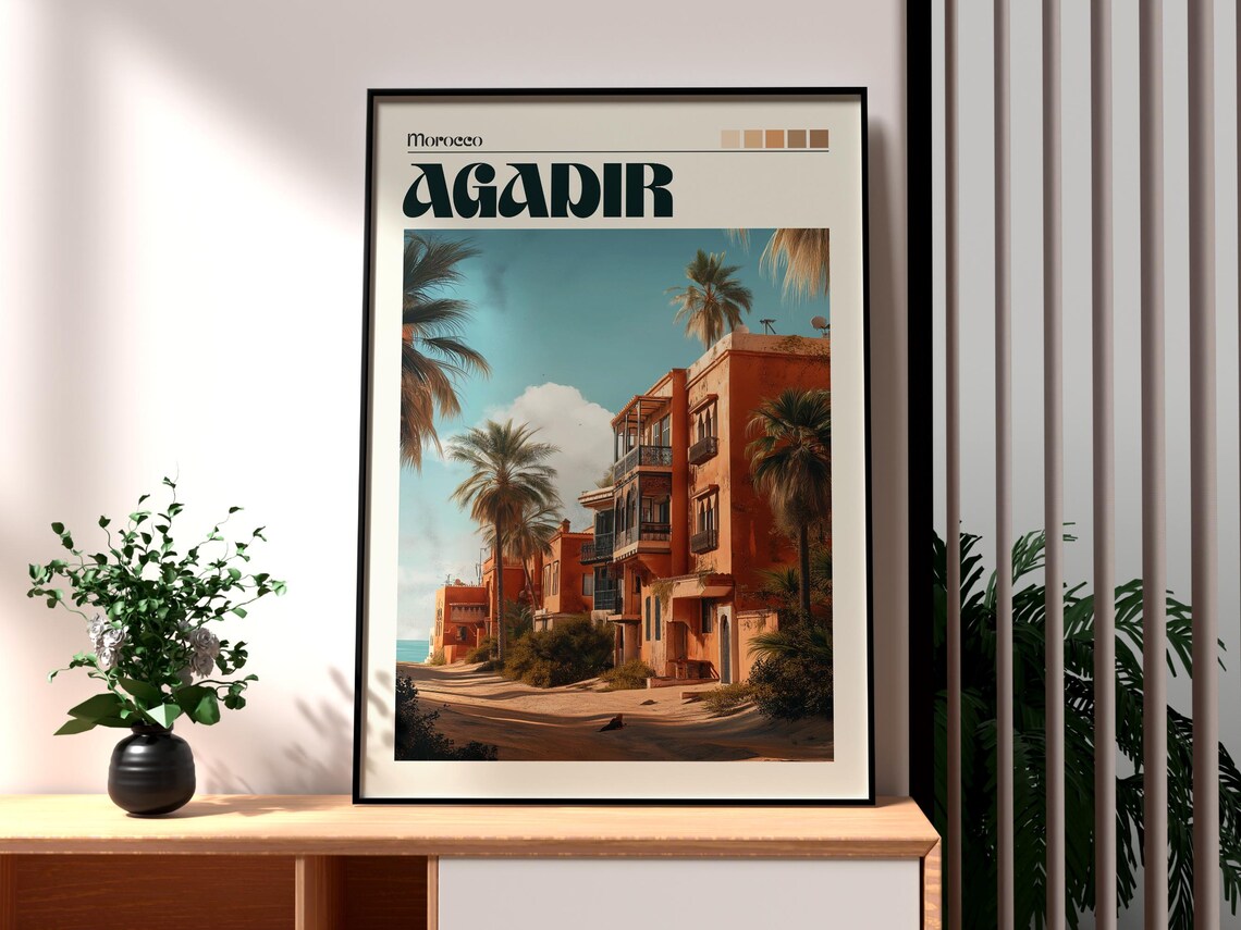 Agadir Morocco Coastal Town Palm Trees Beach Travel Style Poster