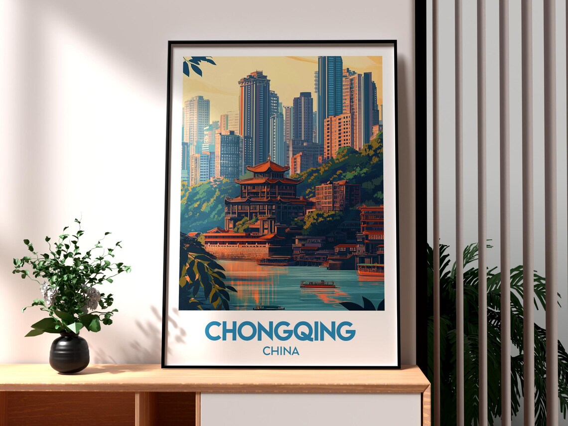 Chongqing China Sunset Skyline Pagoda River View Travel Poster