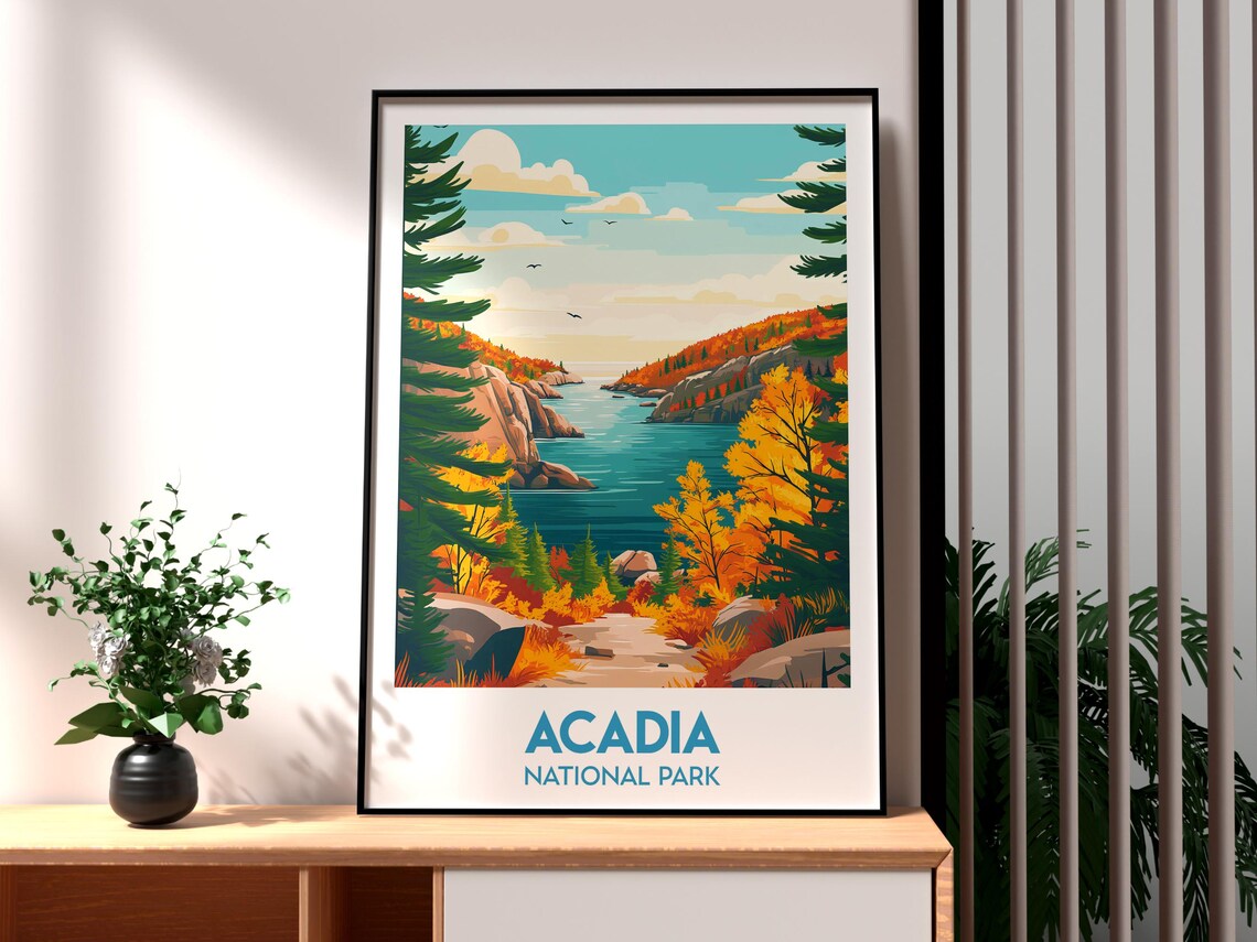 Acadia National Park Maine Autumn Coastline Foliage Travel Poster