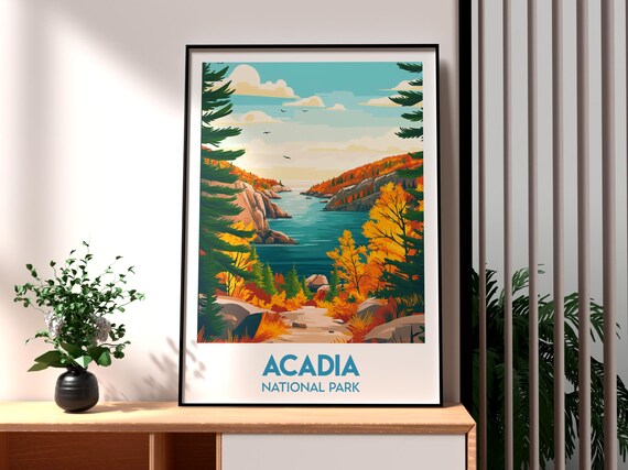 Acadia National Park Maine Autumn Coastline Foliage Travel Poster