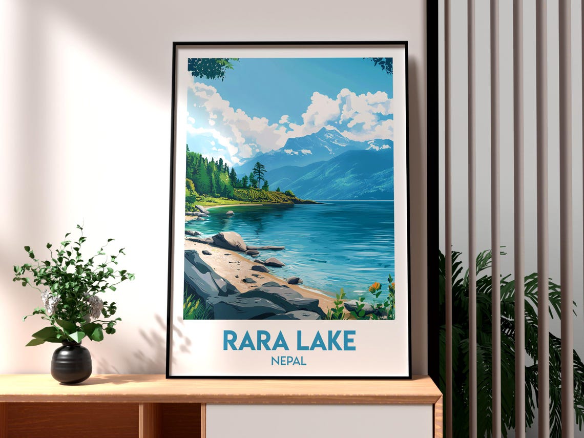 Rara Lake Nepal Turquoise Lake Rocky Shore Mountain Travel Poster