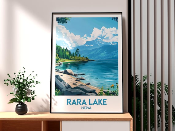 Rara Lake Nepal Turquoise Lake Rocky Shore Mountain Travel Poster
