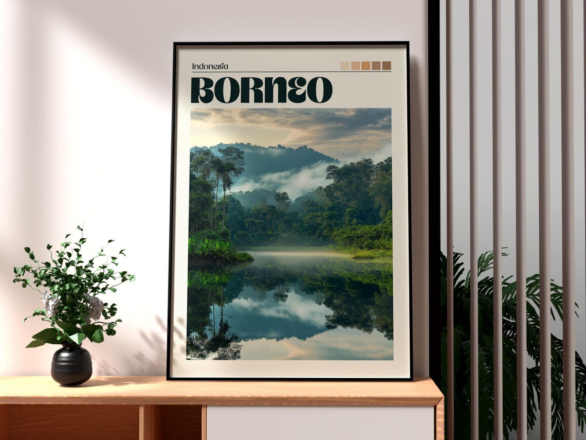 Borneo Indonesia Misty Jungle River Mirror Reflection Poster