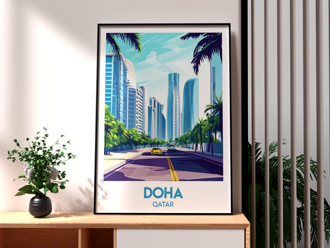 Doha Qatar Modern Skyscraper City Avenue Skyline Night View Poster