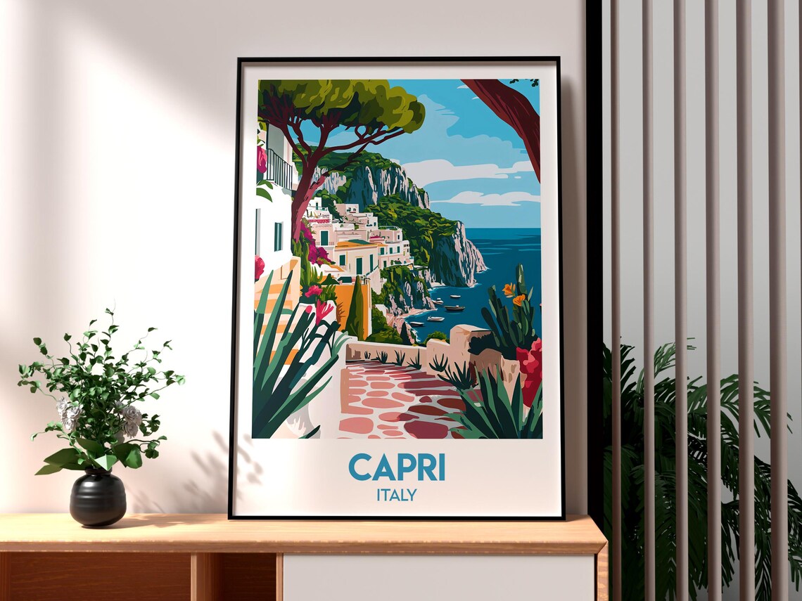 Capri Italy Cliffside Village Sea Boats Umbrella Pines Travel Poster