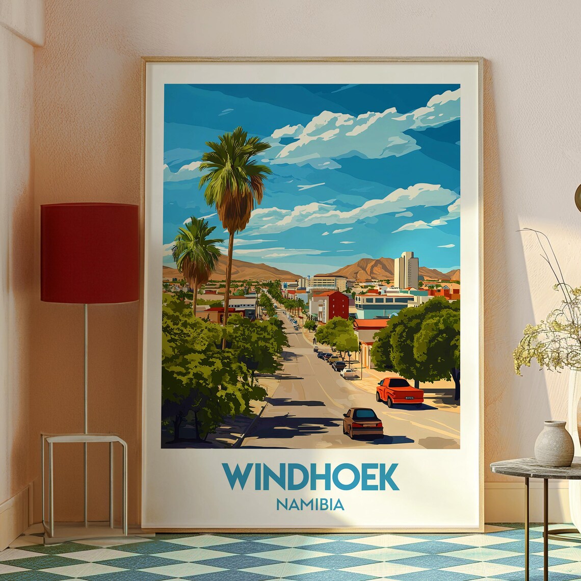 Windhoek Namibia City Street Palms Mountain Backdrop Travel Poster - Image 2