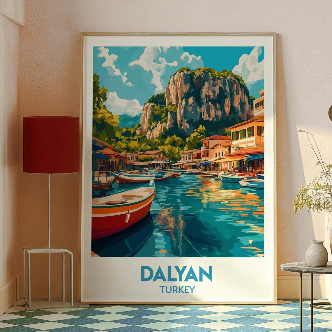 Retro Dalyan Turkey River Harbor Boats Cliffs Coastal Travel Poster - Image 2