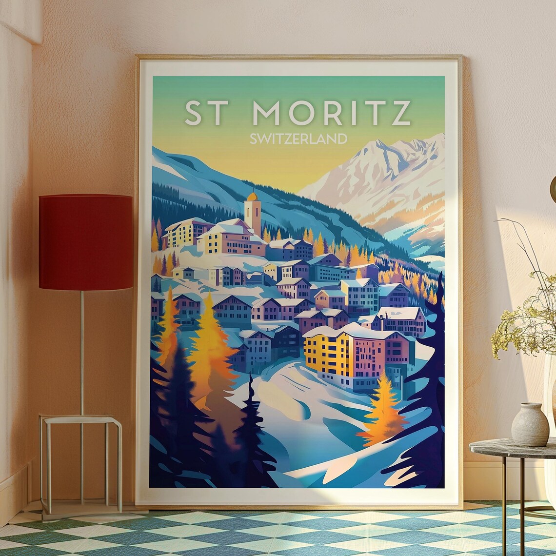 St Moritz Switzerland Alpine Village Snow Glow Vintage Poster - Image 2