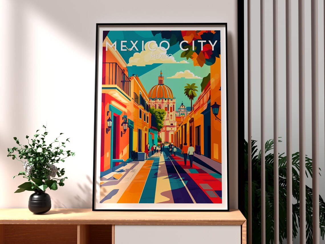 Mexico City Mexico Colorful Colonial Street Domed Church Travel Poster