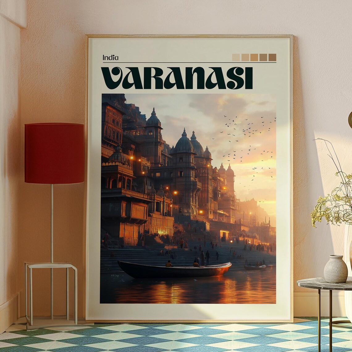 Varanasi India Ganges Ghats Sunset Boat River Scene Travel Poster - Image 2