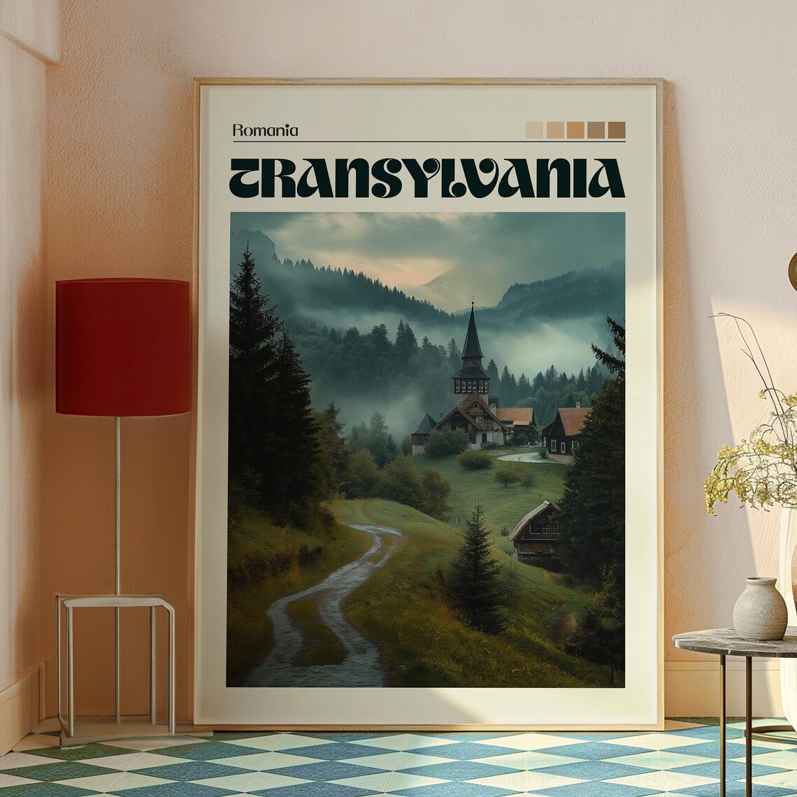 Transylvania Romania Misty Mountain Village Church Retro Travel Poster - Image 2