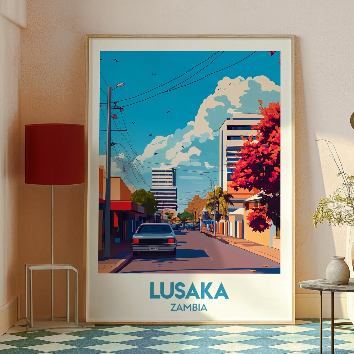Lusaka Zambia Sunny Street Scene City Buildings Vintage Travel Poster - Image 2