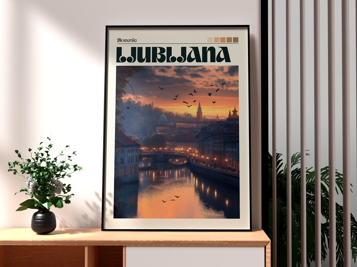 Ljubljana Slovenia Sunset River Bridges Birds Evening Travel Poster