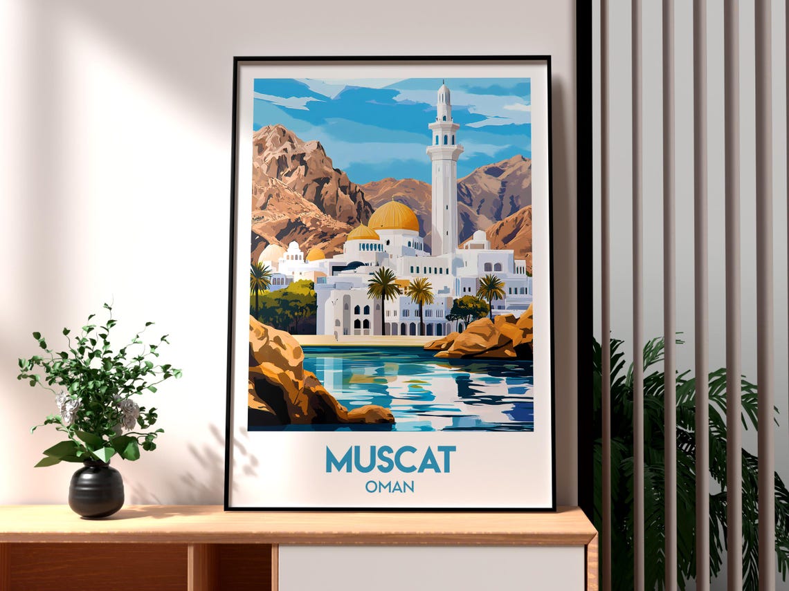 Muscat Oman Mosque Golden Domes Waterfront Mountains Travel Poster