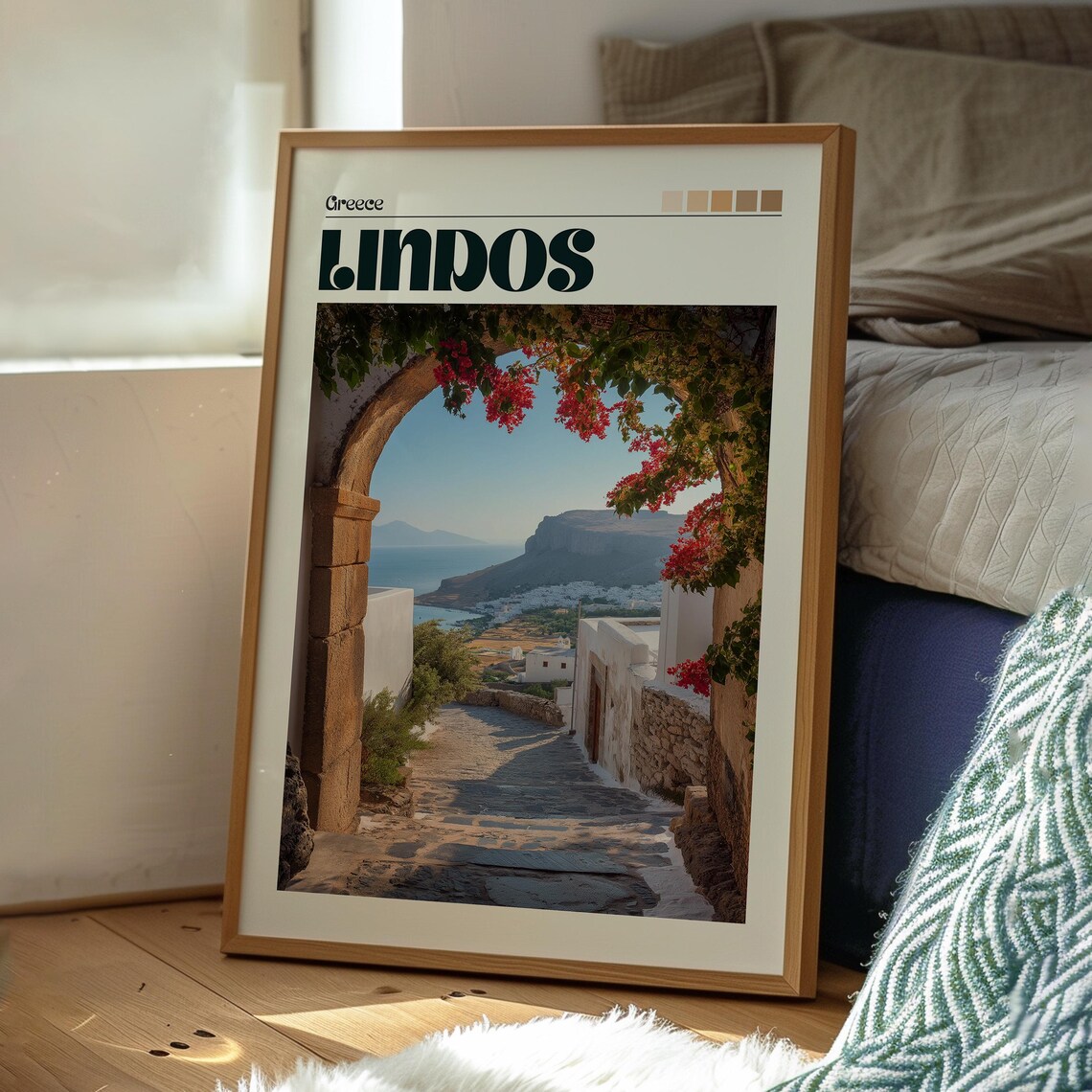 Lindos Greece Rhodes Island Bougainvillea Arch Sea View Travel Poster - Image 3