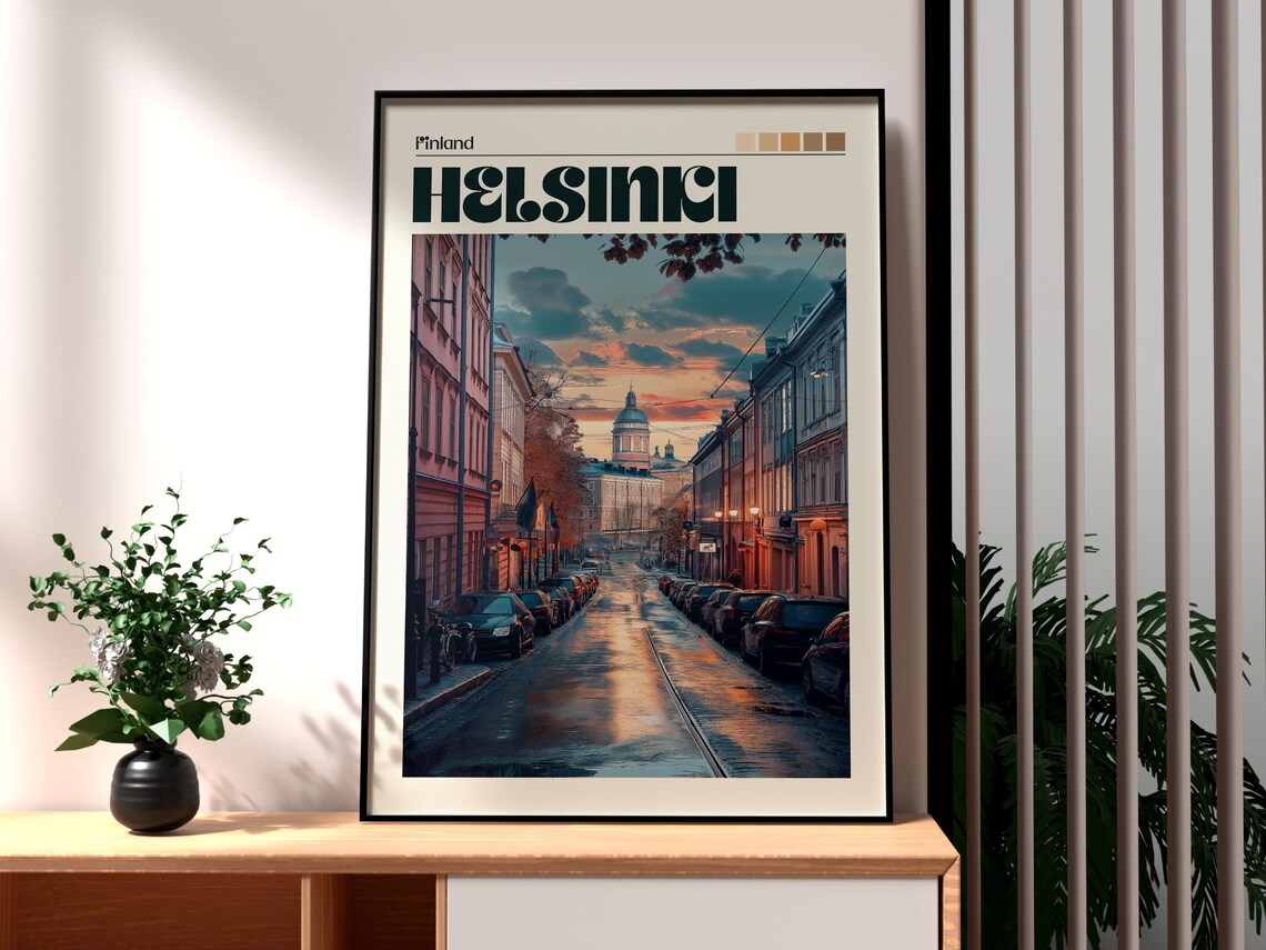 Helsinki Finland Cobblestone Old Street Cathedral Sunset Glow Poster