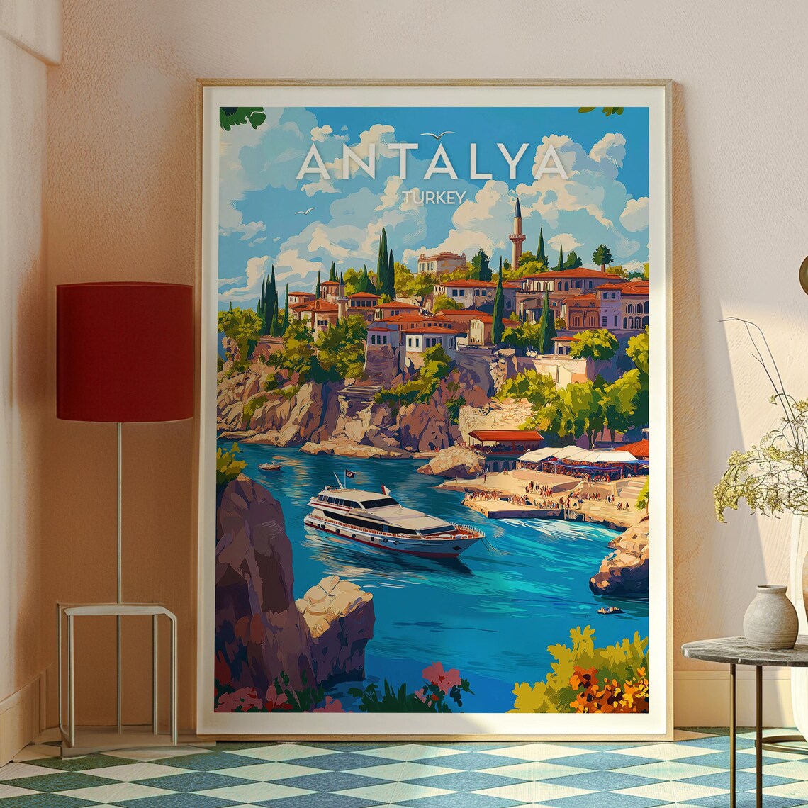 Antalya Turkey Cliffside Old Town Harbor Boat Coastal Travel Poster - Image 2