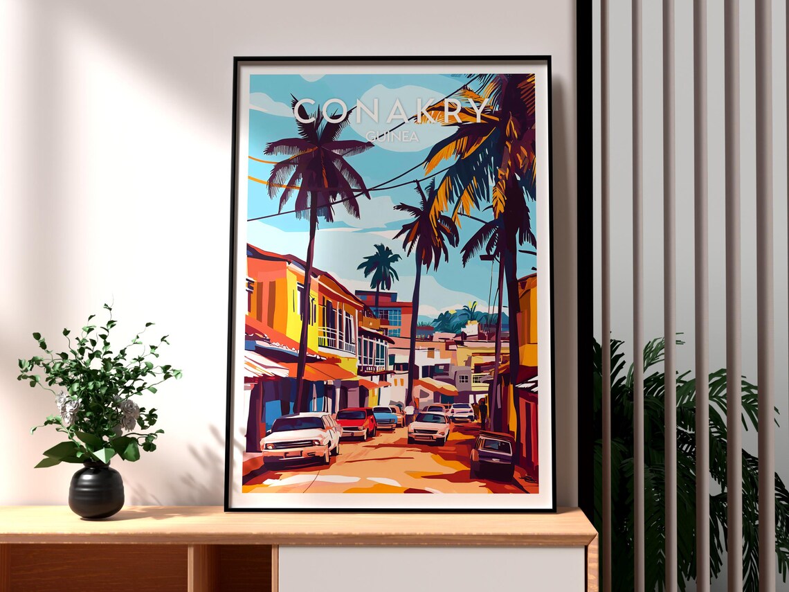Conakry Guinea West Africa Palm Lined City Street Retro Travel Poster